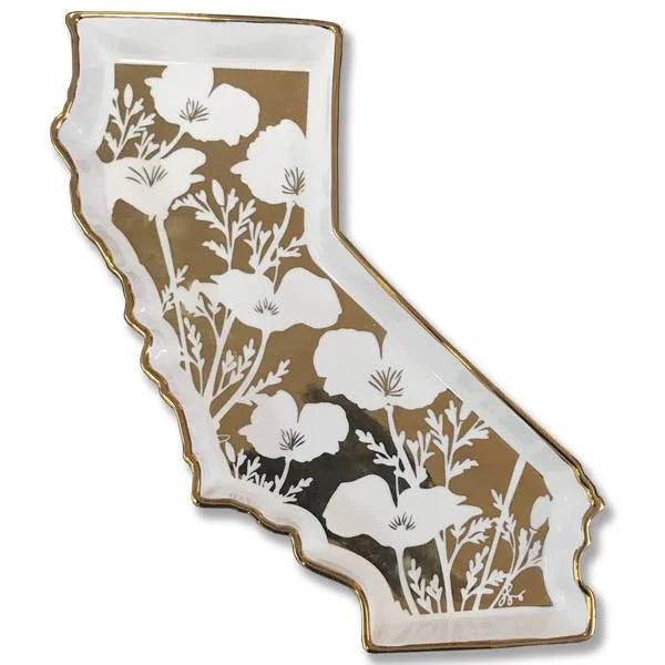 California shaped trinket tray featuring a white and gold design with flowers