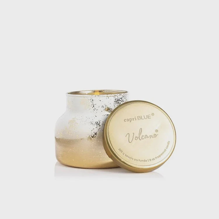 White and gold volcano petite signature jar candle with matching lid for elegant ambiance