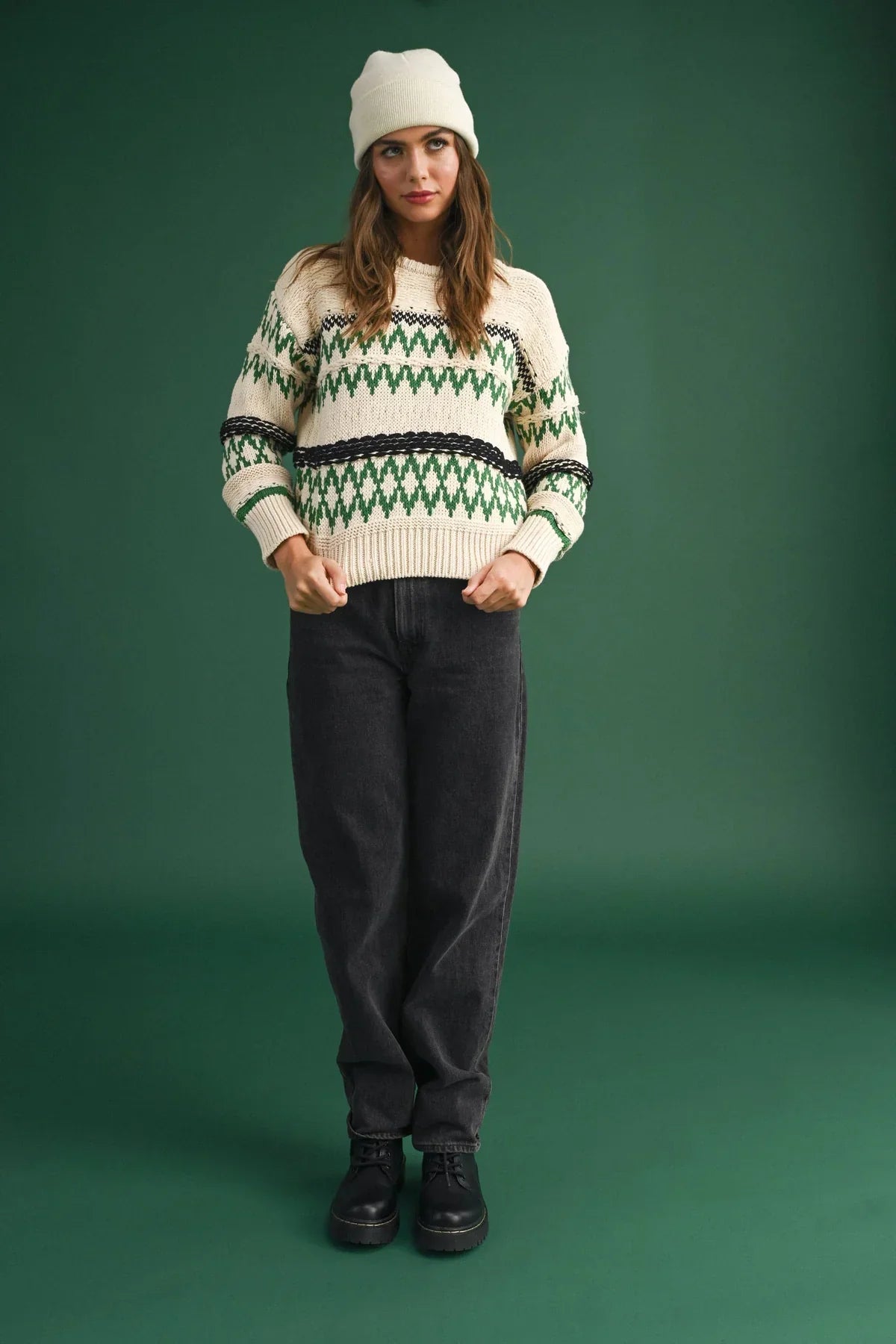 White and green Fair Isle Aztec pattern sweater top for winter fashion inspiration