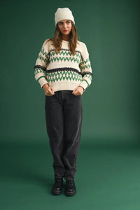 White and green Fair Isle Aztec pattern sweater top for winter fashion inspiration