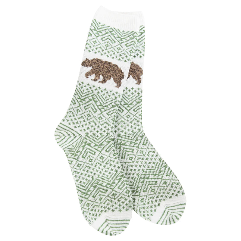 Nature Walk Holiday Crew socks: white green bear pattern with brown accents