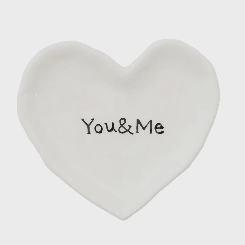 White ceramic heart dish with You and Me design for women’s boho chic clothing from Shop Daisy