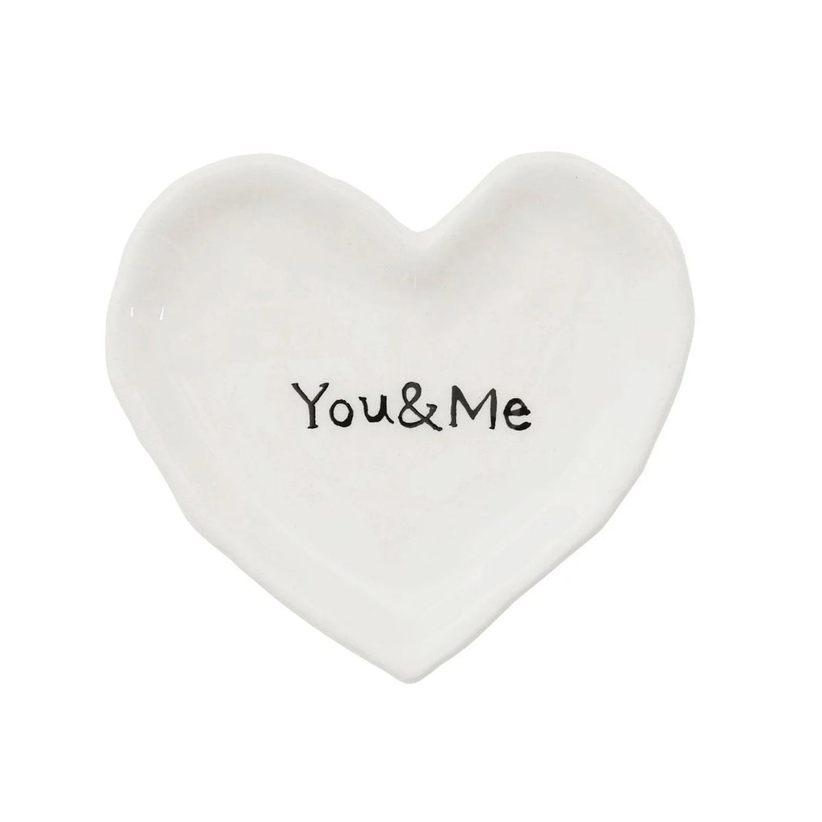 White heart shaped mini dish with You and Me design, ideal as a jewelry holder dish