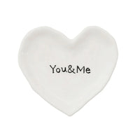 White heart shaped mini dish with You and Me design, ideal as a jewelry holder dish