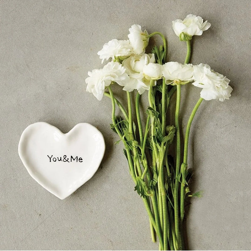 Elegant white heart shaped mini dish adorned with flowers, ideal as a jewelry holder dish