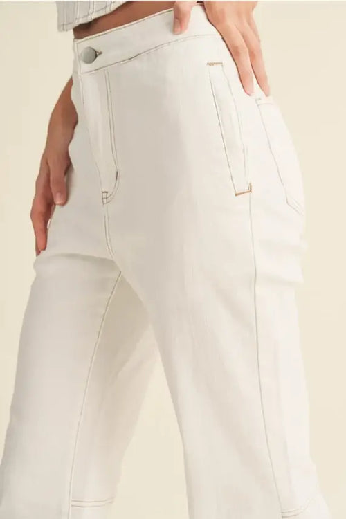 White high-waisted STRETCHED COTTON DENIM LOOK PANTS from Shop Daisy for women’s boho chic clothing