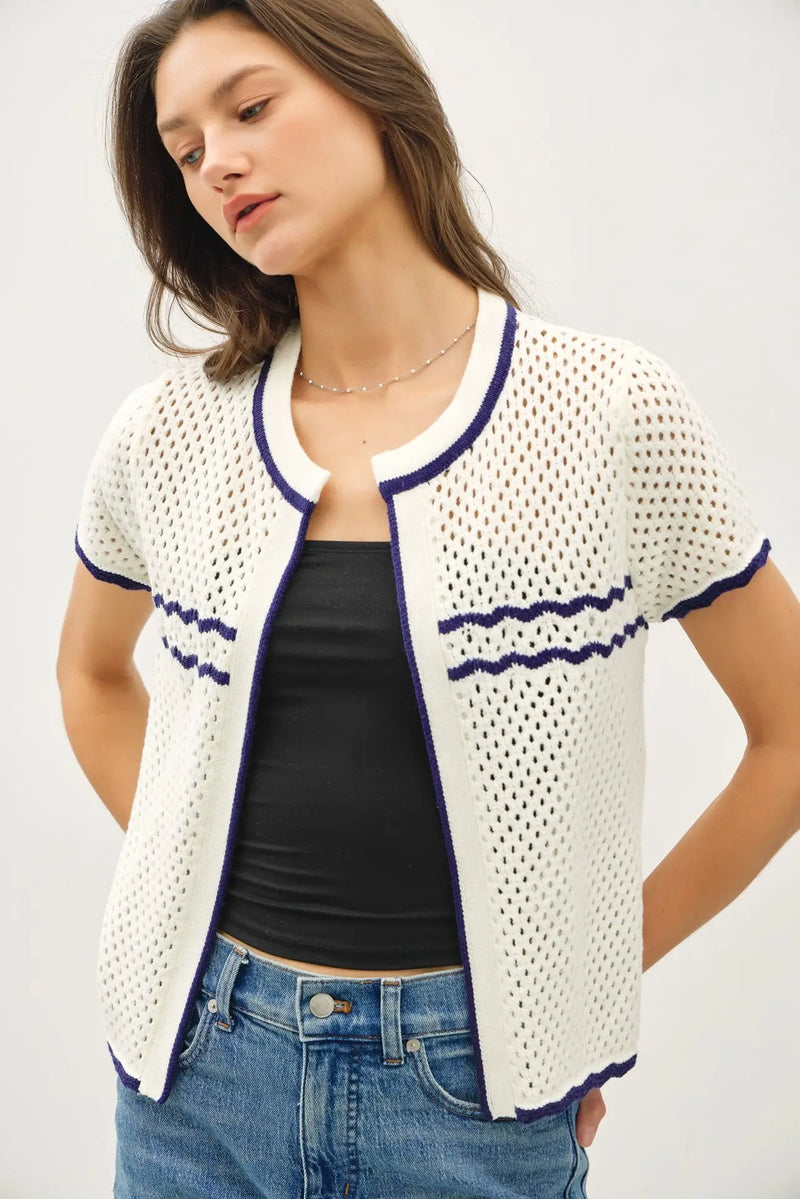 White crochet knit open cardigan with navy trim, ideal for womens boho clothes