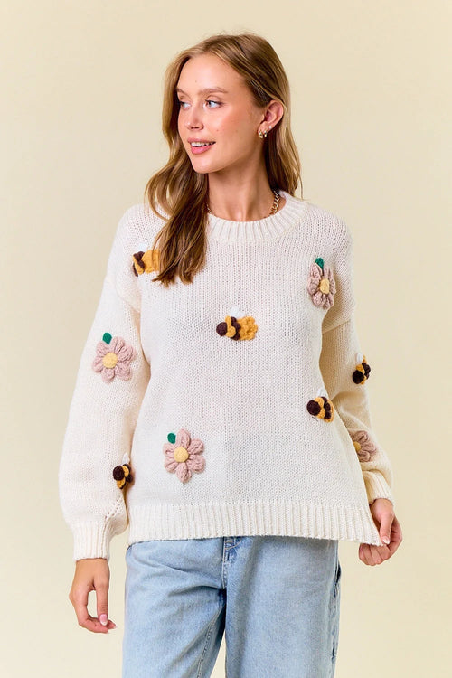 White knit sweater with floral and bee embellishments in size small for women’s boho chic clothing