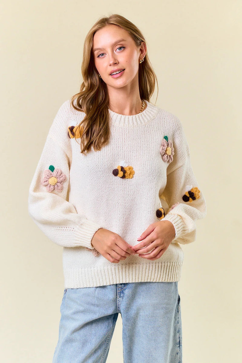 White knit sweater with embroidered floral and bee designs, size small, women’s boho chic clothing