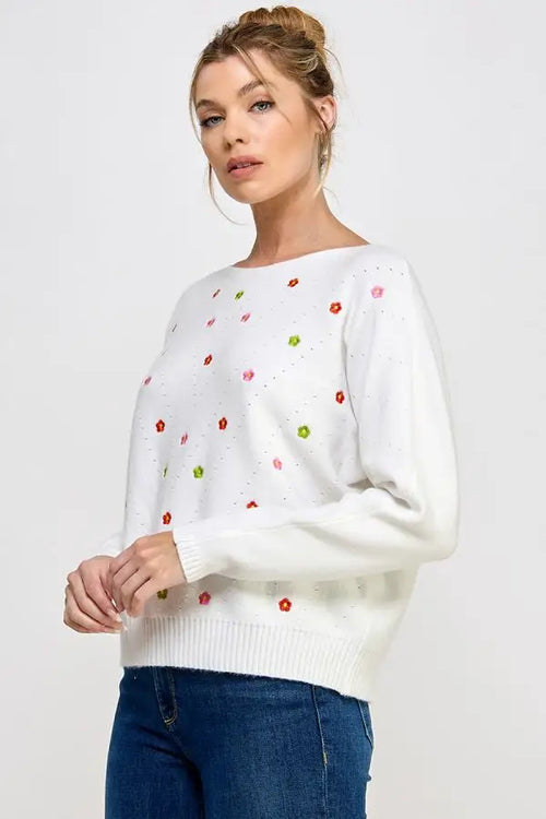 Soft Daisy Embroidered Fine Gauge Sweater featuring colorful floral embroidery details