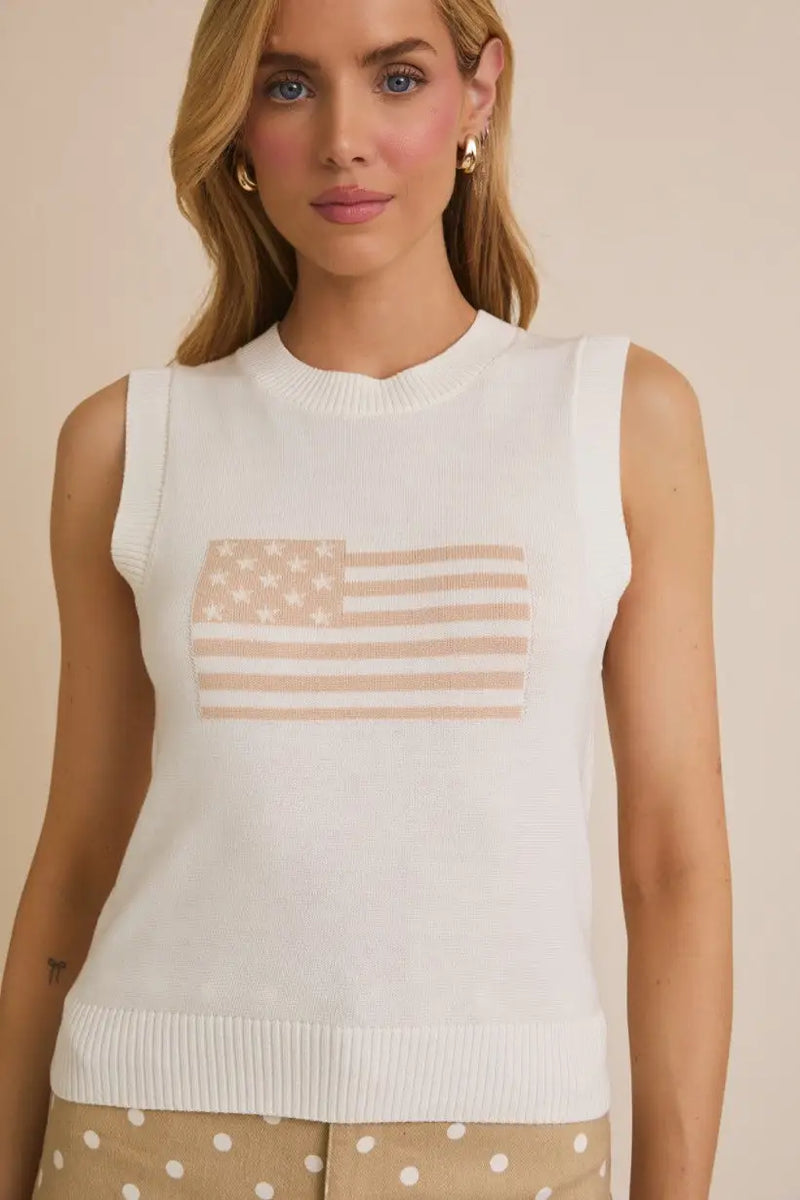 White knit tank top featuring a sleeveless USA flag design, crew neck sleeveless style