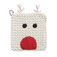 White Knitted Reindeer Christmas Potholder with Red Nose and Antlers