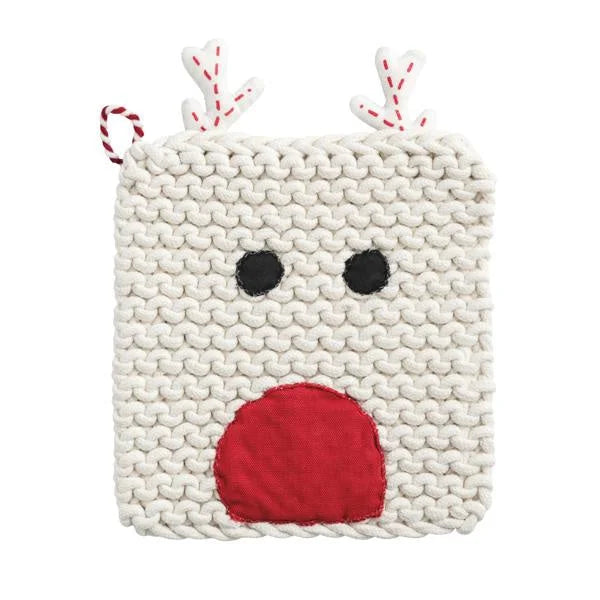 White Knitted Reindeer Christmas Potholder with Red Nose and Antlers