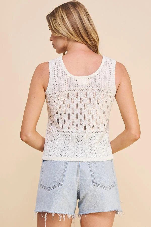 White knitted sleeveless Light Pointelle Sweater Tank with intricate lace patterns