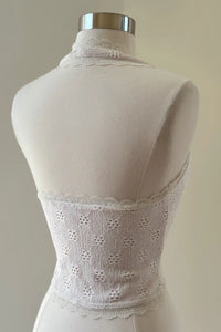 White lace trim eyelet halter top with delicate floral embroidery for elegant style