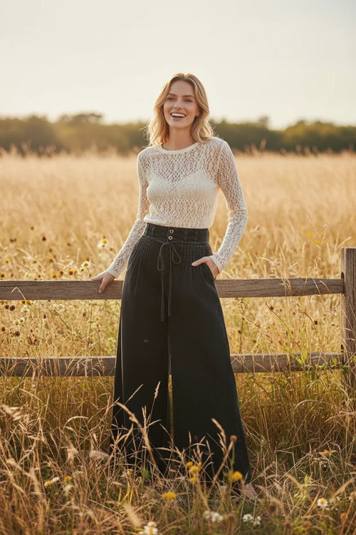 White lace long-sleeve top with pintuck wide leg pants