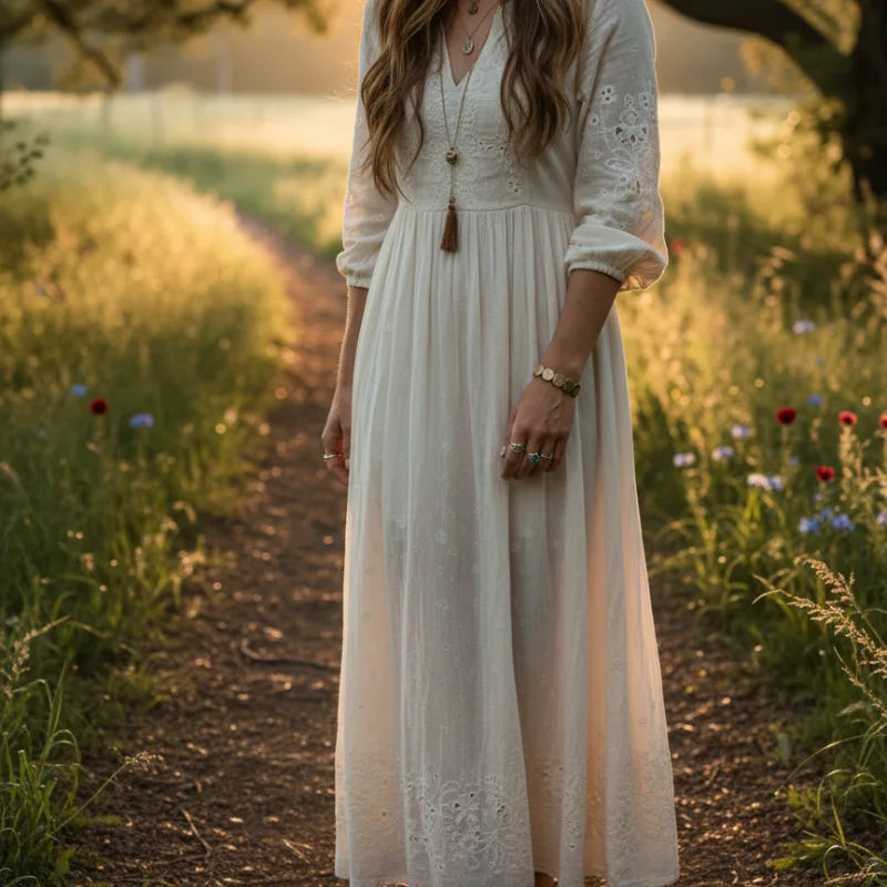 White lace bohemian maxi dress with gold disc stretch bracelet