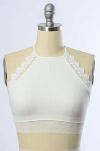 White high neck crochet lace trim bralette featuring elegant neck detailing