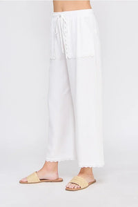 White lace-trimmed linen blend elastic tie waist wide leg pants for elegant comfort
