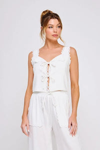 White linen blend lace-up tie front tank top and pants set for elegant summer wear