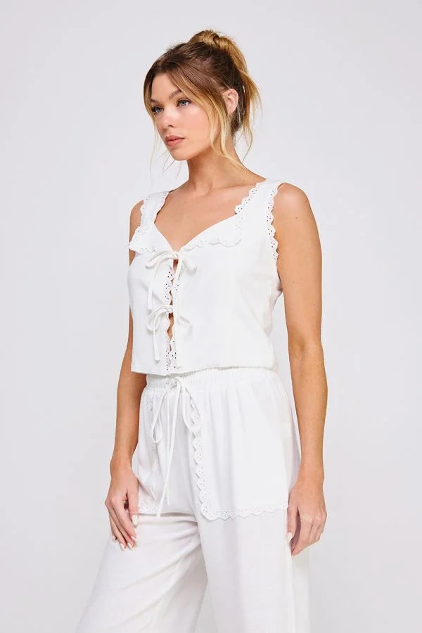 White linen blend lace-up tie front tank top and pants set with lace trim