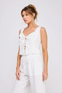 White linen blend lace-up tie front tank top and pants set with lace trim