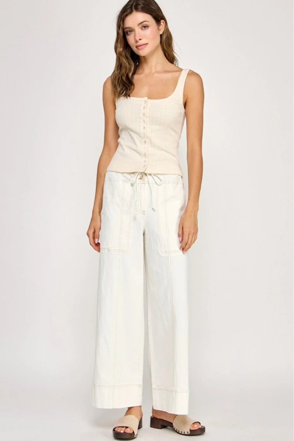 White Twill Pull On Wide Leg Pants with Linen Drawstring Waist