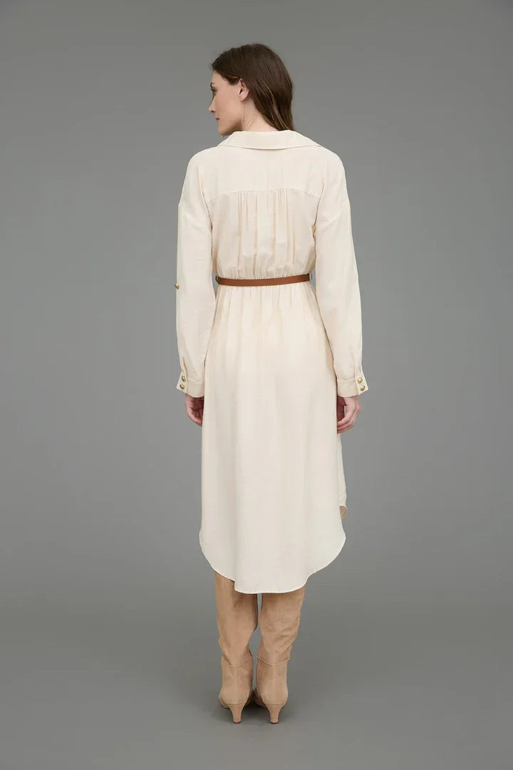 White long-sleeved midi dress with half button detail and brown belt, women’s boho chic clothing