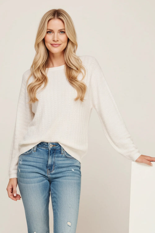 White Textured Pointelle Soft Gauge Dolman Sweater