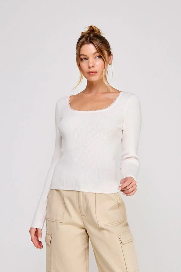 Gauge Rib Square Neck Lace Trim Top in white ribbed knit