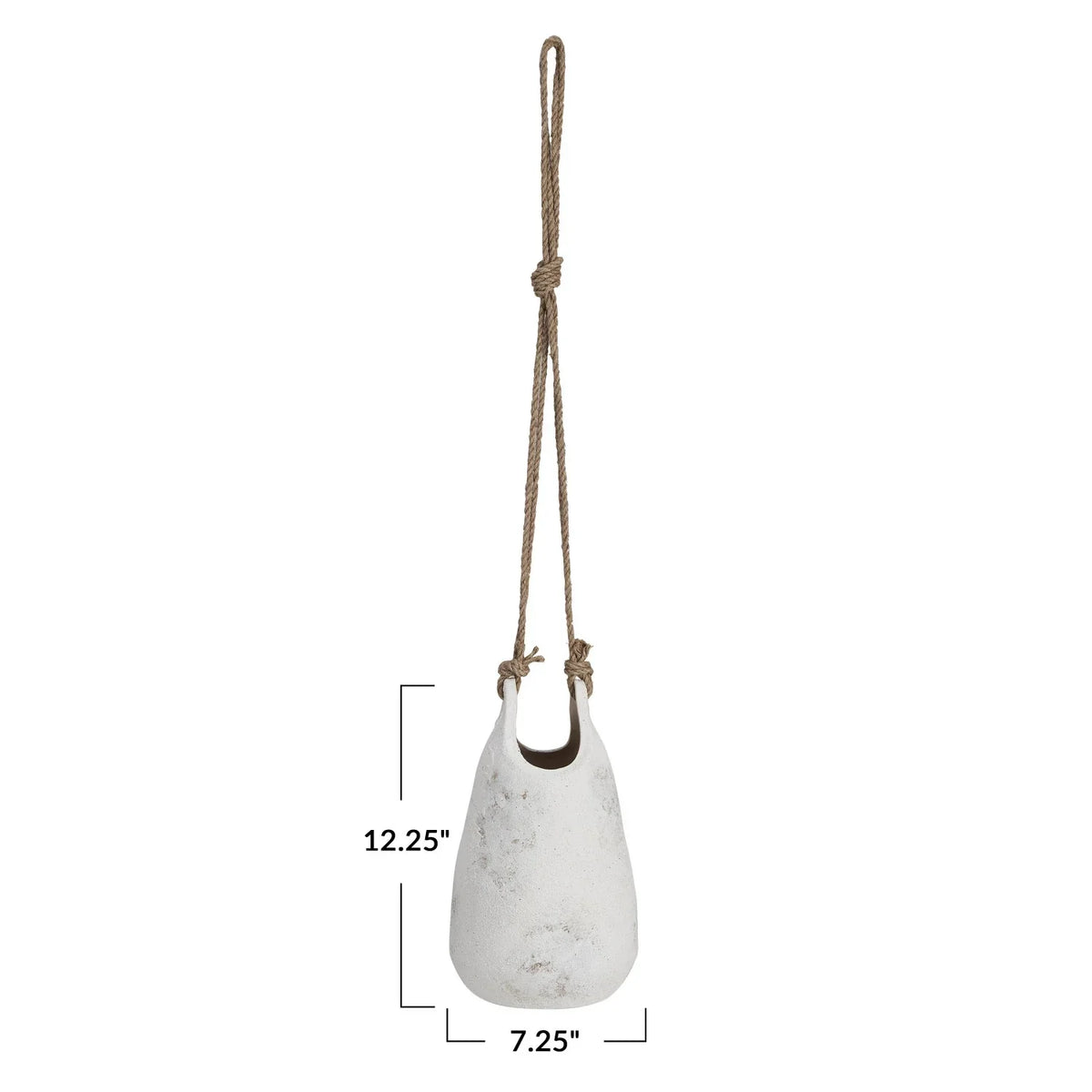 White marble hanging coarse stoneware planter with jute rope hanger display