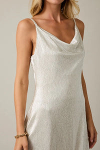 White cowl neck spaghetti strap mini dress in metallic fabric