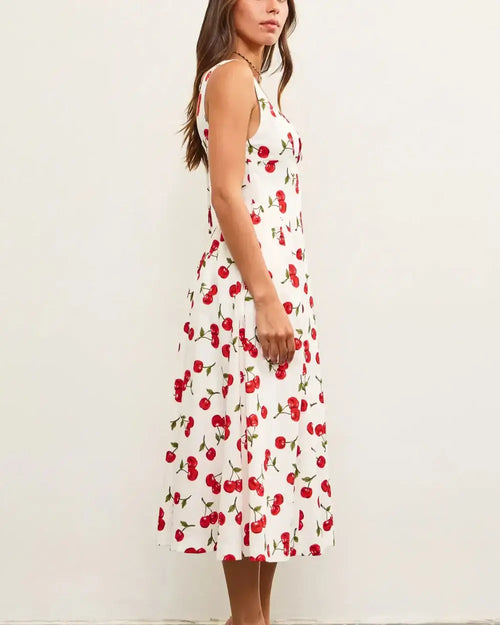White sleeveless midi dress with cherry print from GATHERED FRONT SLEEVELESS MIDI DRESS