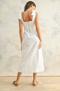 White sleeveless button-down stretch midi dress with tie straps in cotton-spandex blend