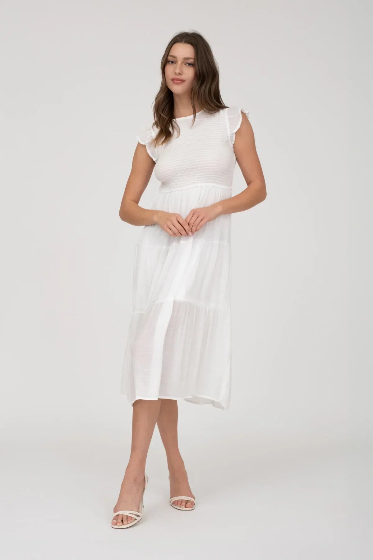White smocked tiered midi dress displayed in the Smocked Tiered Midi Dress product image