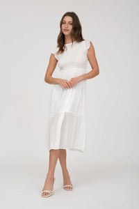 White smocked tiered midi dress displayed in the Smocked Tiered Midi Dress product image