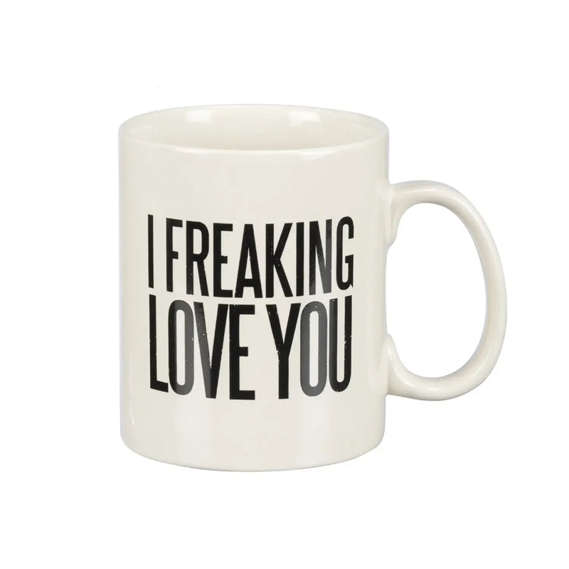 White mug with black text from I FREAKING LOVE YOU MUG perfect for women’s boho chic clothing shop Daisy