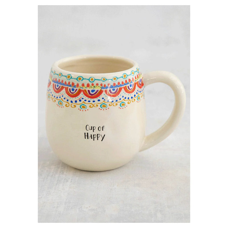 White CUP OF HAPPY MUG with colorful daisy lane pattern for boho style enthusiasts