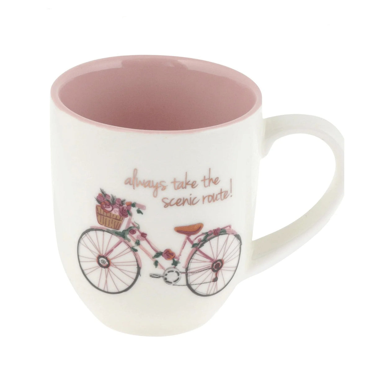 White SCENIC ROUTE MUG featuring a pink handle and a bicycle design