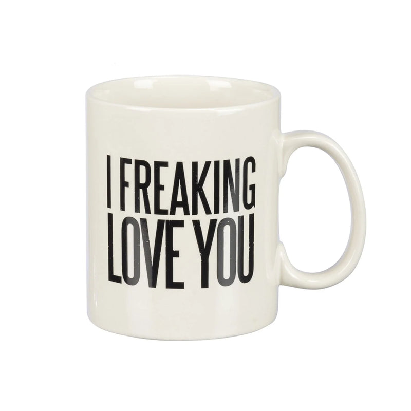 White mug with the phrase freaking love you, ideal for boho-style gifts