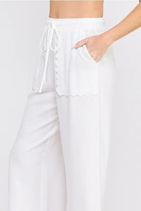 White linen blend elastic tie waist wide leg pants for a stylish and comfortable look