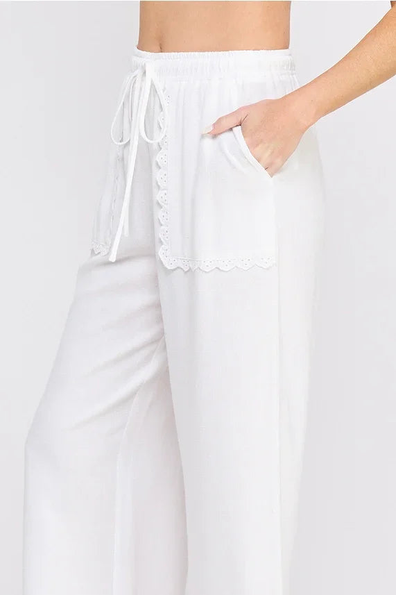 White linen blend elastic tie waist wide leg pants for a stylish and comfortable look
