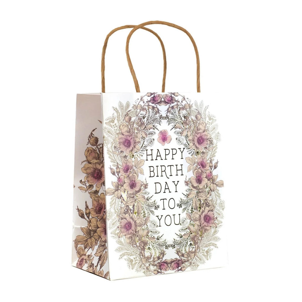 White paper gift bag with floral design and Happy Birthday text, Daisy Lane gift bags