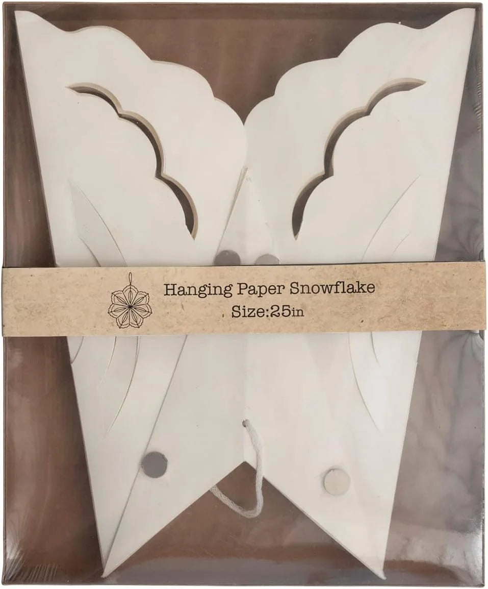 White paper snowflake ornament displayed as a Hanging Paper Snowflake for holiday decor