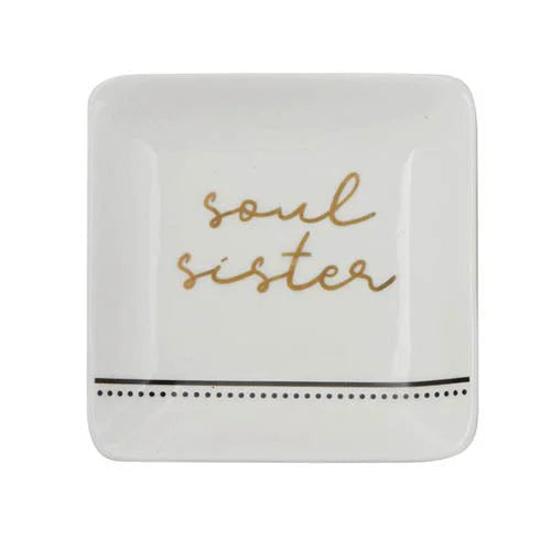 White plate with gold lettering and a black stripe, ideal for the Soul Sisters Trinket Dish