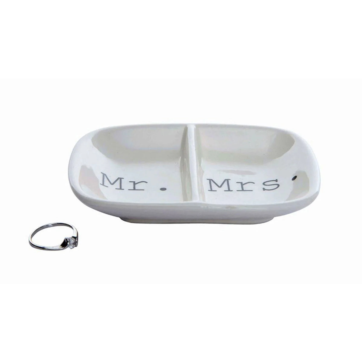 White Ceramic 2-Section Mr and Mrs Ring Dish showcasing a ring and holder in a boho style