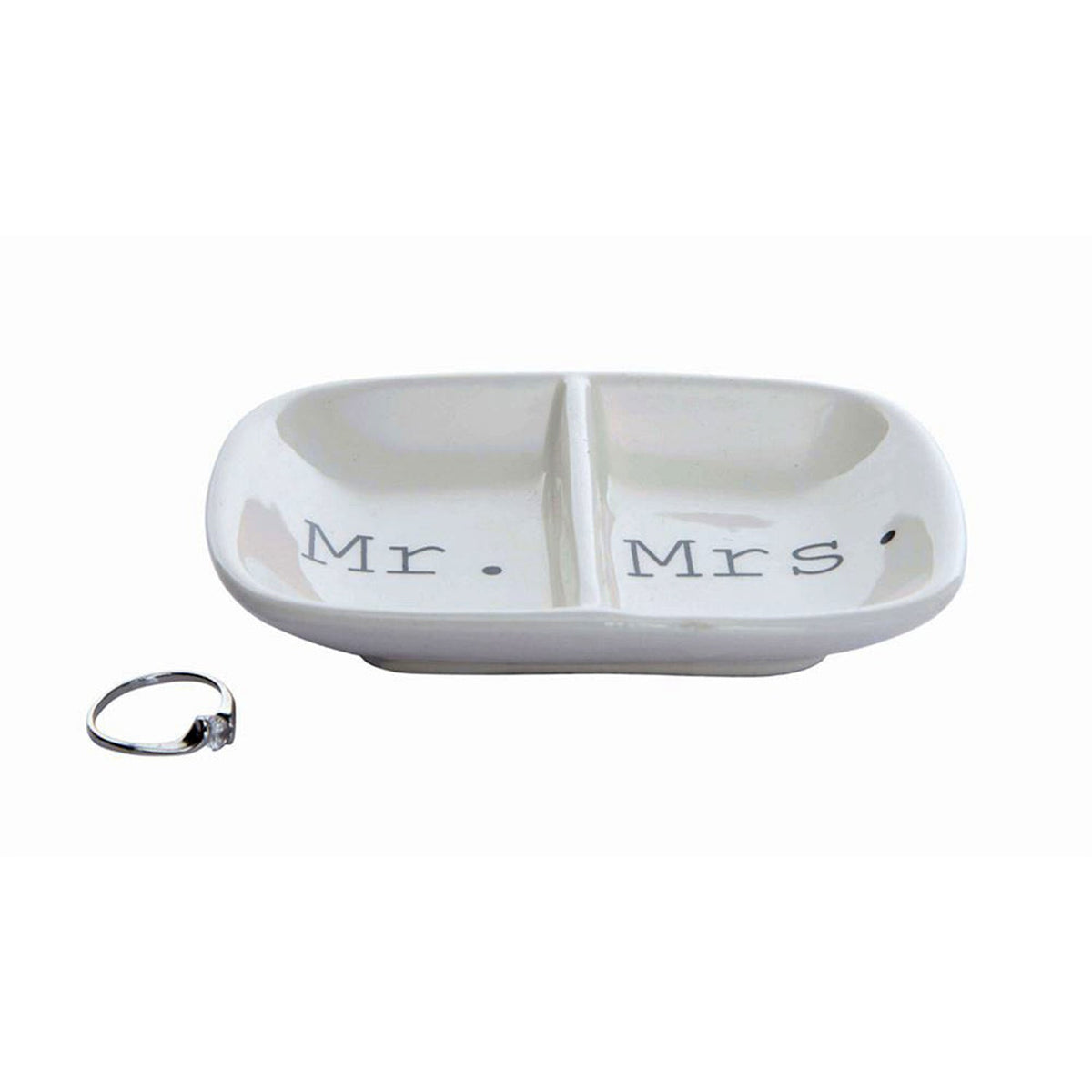 White Ceramic 2 - Section Mr and Mrs Ring Dish - Jewelry