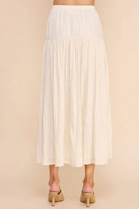 White pleated midi skirt with elastic waistband in Flowy Crinkle Sateen Maxi Skirt style