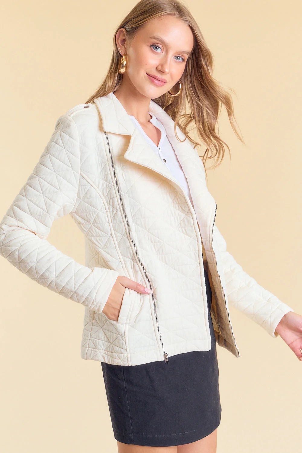 White quilted moto jacket with notched lapels from Daisy Lane in spandex blend fabric