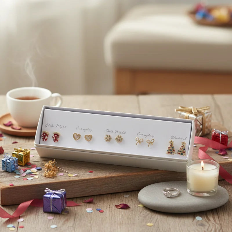 White rectangular box with gold and red Wanderlust Jewels earrings in heart and butterfly designs